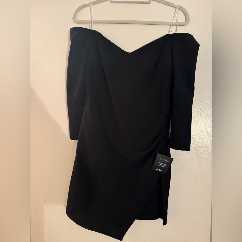 Lulus Black, Off the Shoulder 3/4 Sleeve Mini Dress w. short slit, New with Tags